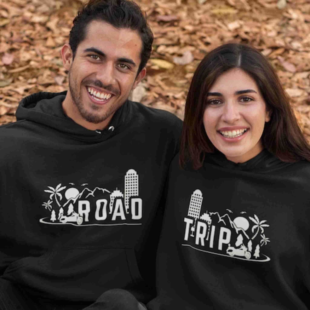 Motorcycle themed Road Trip matching couple hoodies - 